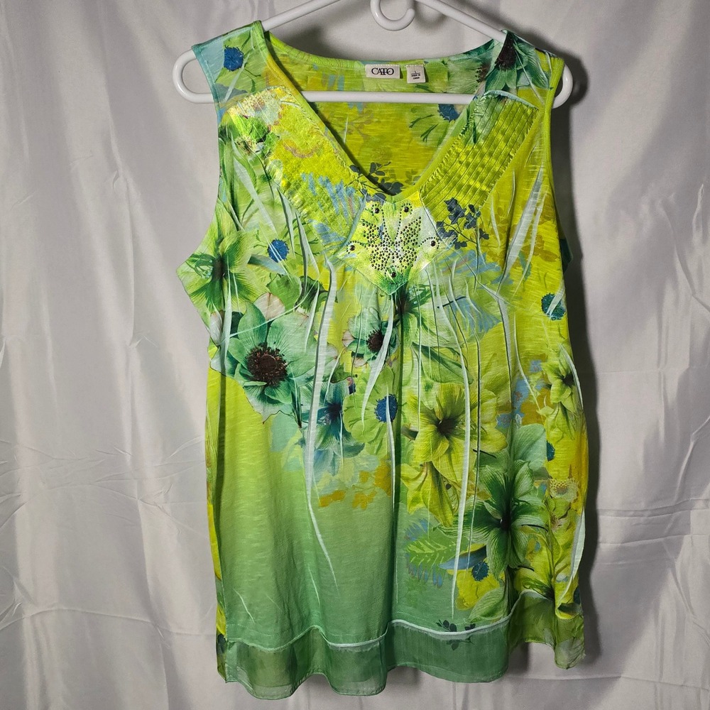 Cato Womens Large  Floral Boho Butterfly‎ Rhinestone V-Neck Top Green Yellow